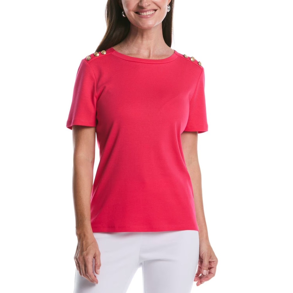Rafaella Women Raspberry Pink Cotton Crewneck T-Shirt Gold Shoulder Buttons M